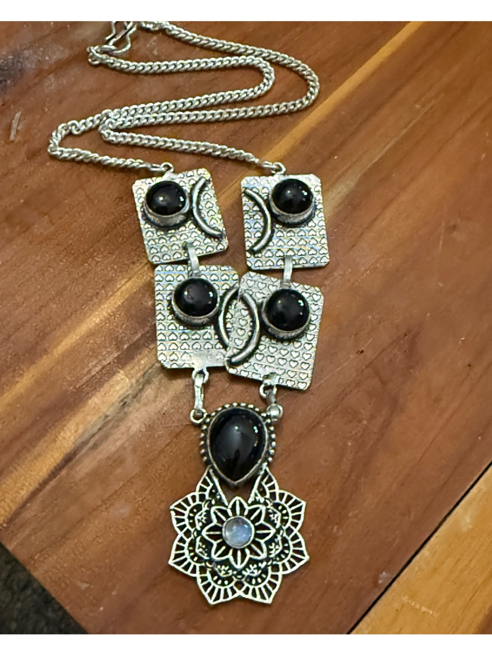 Handcrafted 925 plated Onyx and Moonstone Statement Necklace